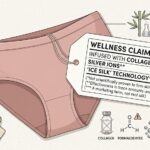 An illustration of pink underwear with a large hangtag labeled 'Wellness Claims' about collagen, silver ions, and ice silk. A magnifying glass inspects chemical icons below, contrasting marketing buzzwords with reality
