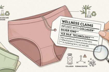 An illustration of pink underwear with a large hangtag labeled 'Wellness Claims' about collagen, silver ions, and ice silk. A magnifying glass inspects chemical icons below, contrasting marketing buzzwords with reality