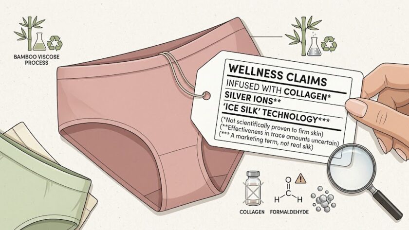 An illustration of pink underwear with a large hangtag labeled 'Wellness Claims' about collagen, silver ions, and ice silk. A magnifying glass inspects chemical icons below, contrasting marketing buzzwords with reality