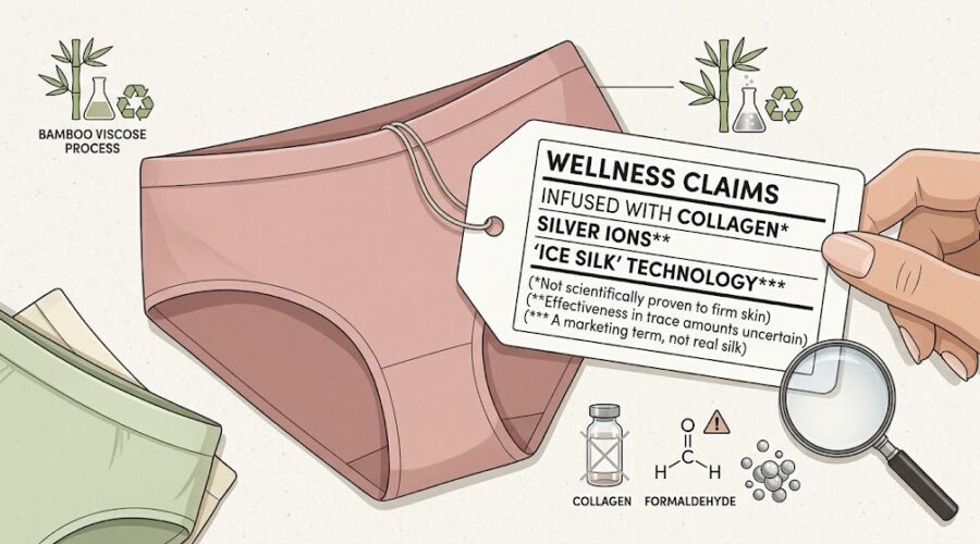 An illustration of pink underwear with a large hangtag labeled 'Wellness Claims' about collagen, silver ions, and ice silk. A magnifying glass inspects chemical icons below, contrasting marketing buzzwords with reality