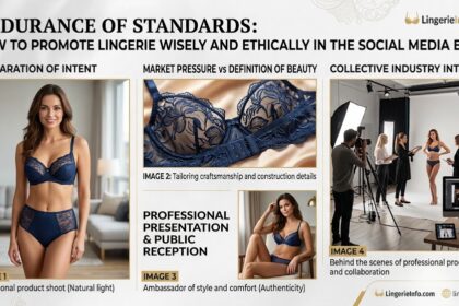 Lingerieinfo.com B2B infographic featuring a collage of professional lace lingerie product photography, close-up tailoring construction details, and behind-the-scenes photoshoot production