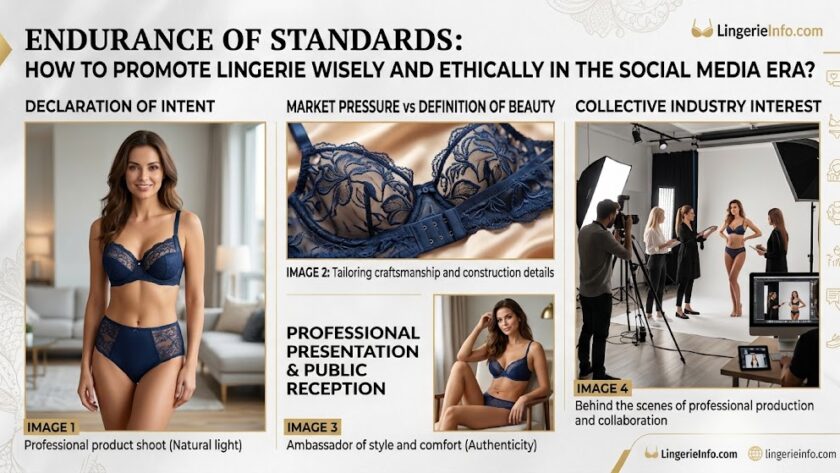 Lingerieinfo.com B2B infographic featuring a collage of professional lace lingerie product photography, close-up tailoring construction details, and behind-the-scenes photoshoot production