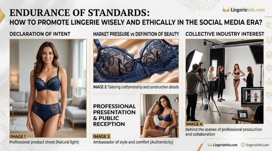 Lingerieinfo.com B2B infographic featuring a collage of professional lace lingerie product photography, close-up tailoring construction details, and behind-the-scenes photoshoot production
