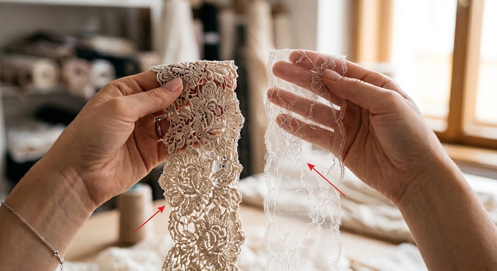My hands present the visual contrast: a high-quality, dense, structural lace on the left, and a thinner, transparent mesh on the right.