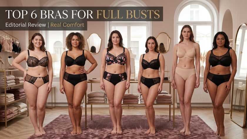 Six plus size models presenting full bust bras in an elegant lingerie salon — Top 6 editorial review banner.
