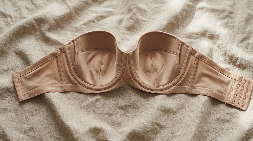 Nude strapless bra for large bust flat lay showing wide four-hook back band and silicone grip edges