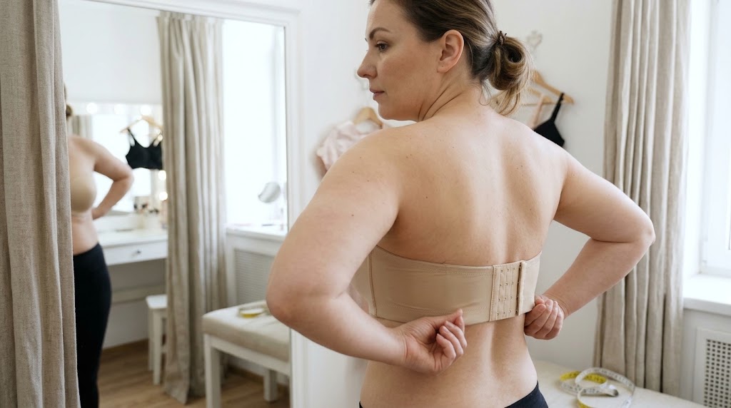 Woman fastening a wide four-hook strapless bra band in a fitting room while checking full bust support